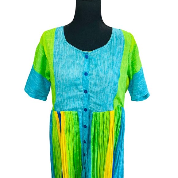Colorful Naqui Button-Front Maxi Dress M 100% Cotton Boho Pleated Babydoll Artsy - Picture 5 of 8